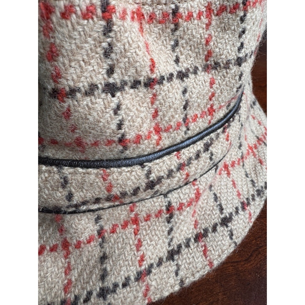 VTG. Coach Hat Tan Wool Brown Orange Plaid Leather Band Bucket Equestrian M/L - Picture 3 of 9